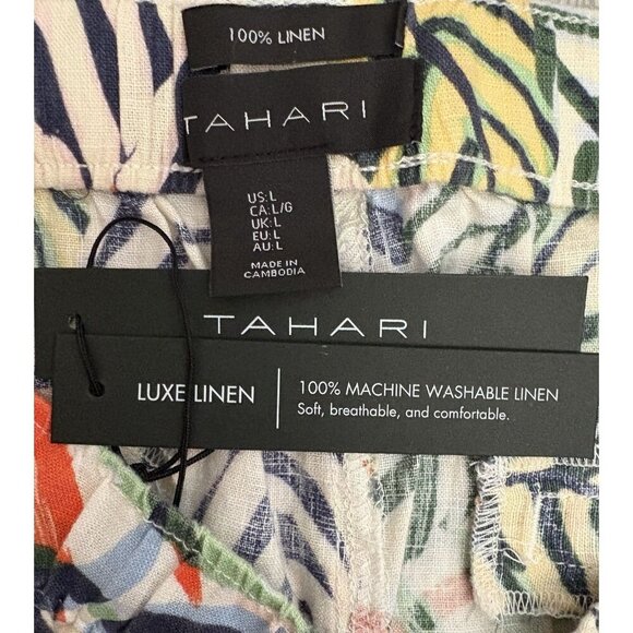 Tahari L Jungle Vibe Print 100% Linen Pockets Stretch Drawstring Waist Shorts - Picture 6 of 6